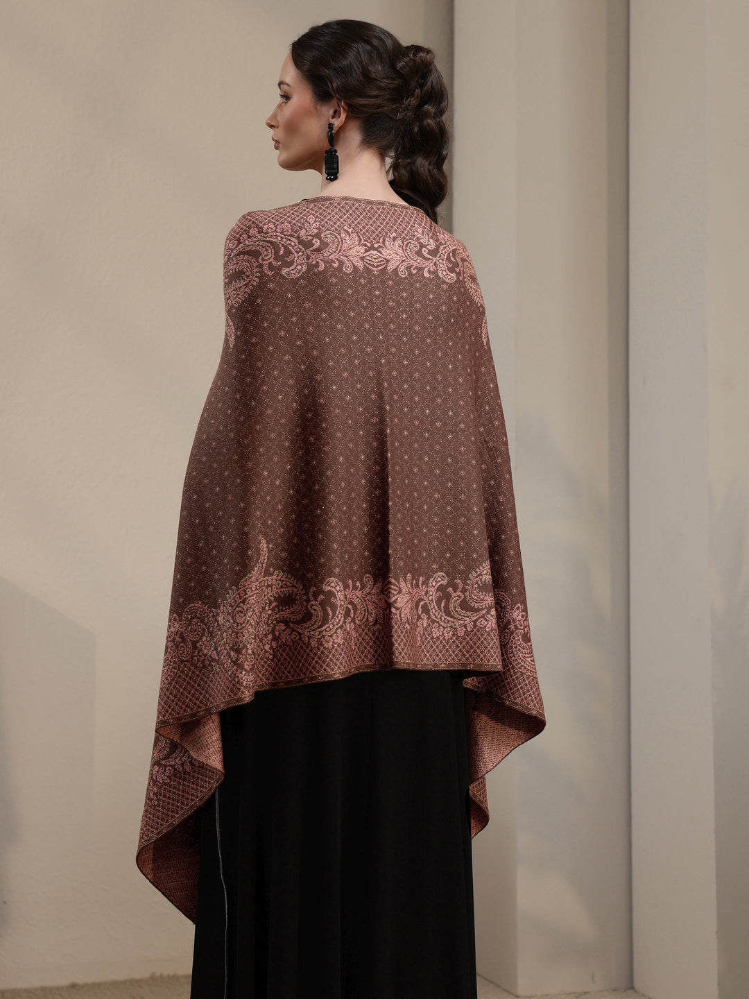 Libas Brown Paisley Knitted Acrylic Wrap Shawl