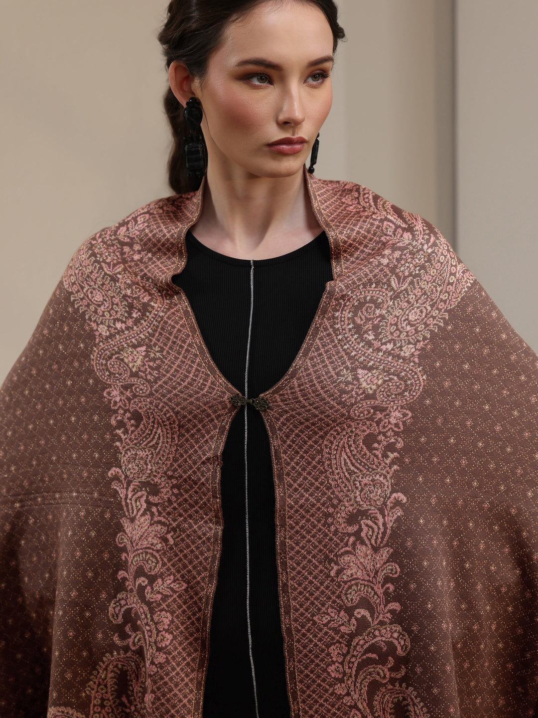 Libas Brown Paisley Knitted Acrylic Wrap Shawl