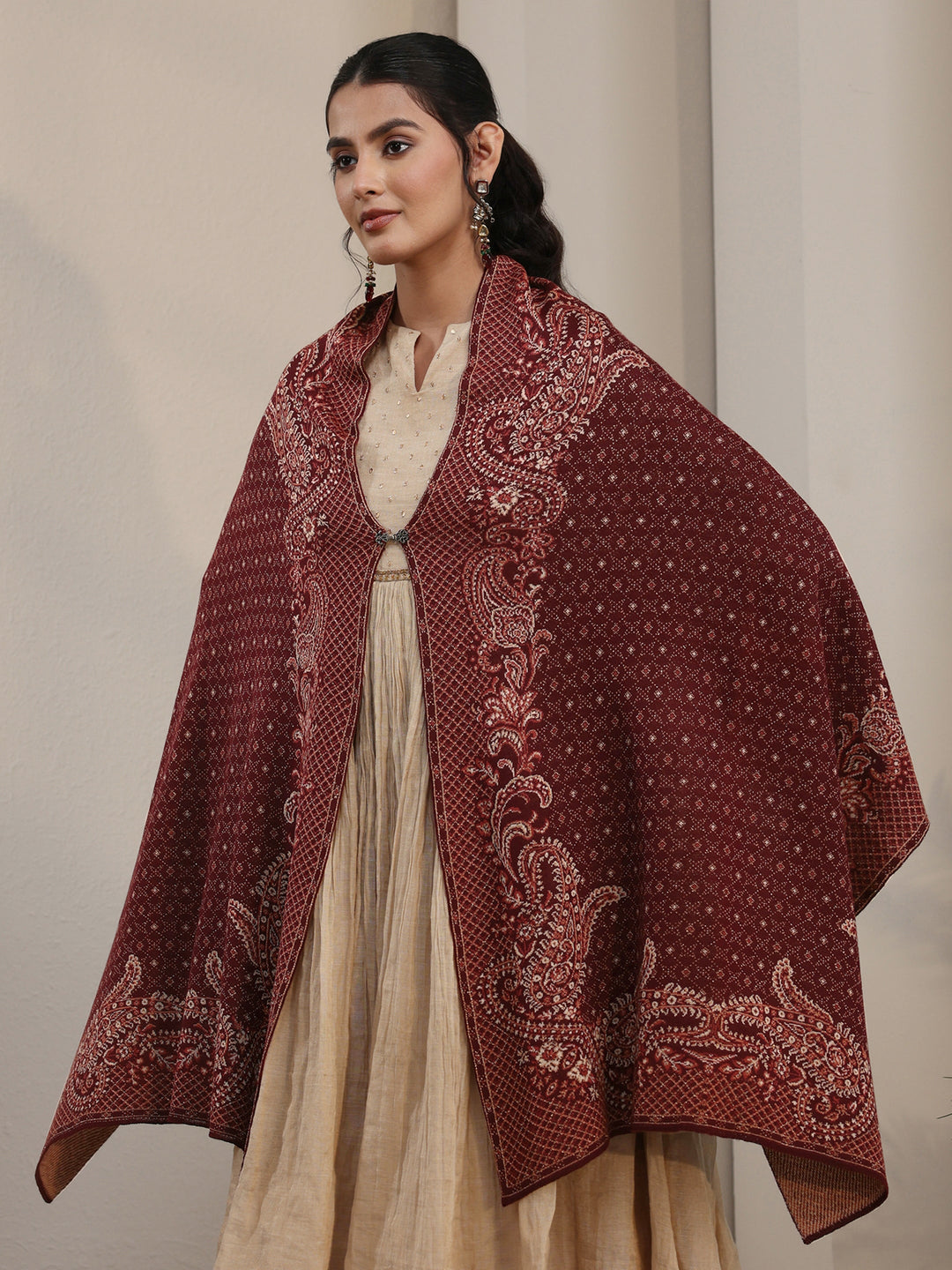 Libas Maroon Paisley Knitted Acrylic Wrap Shawl