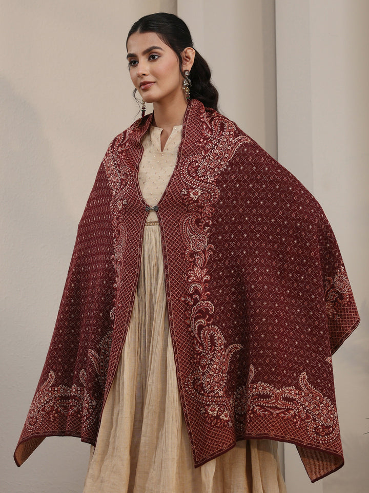 Libas Maroon Paisley Knitted Acrylic Wrap Shawl