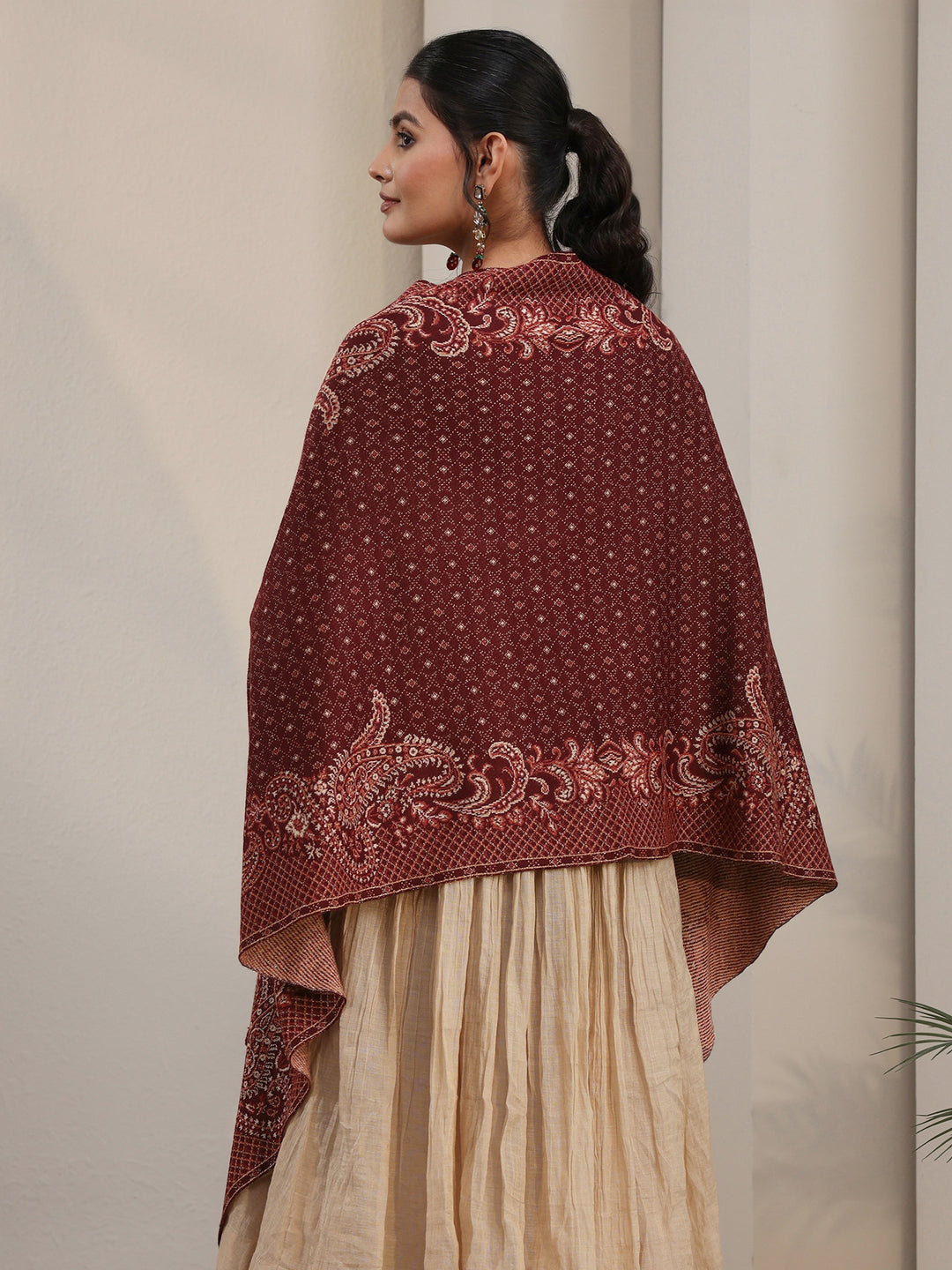 Libas Maroon Paisley Knitted Acrylic Wrap Shawl