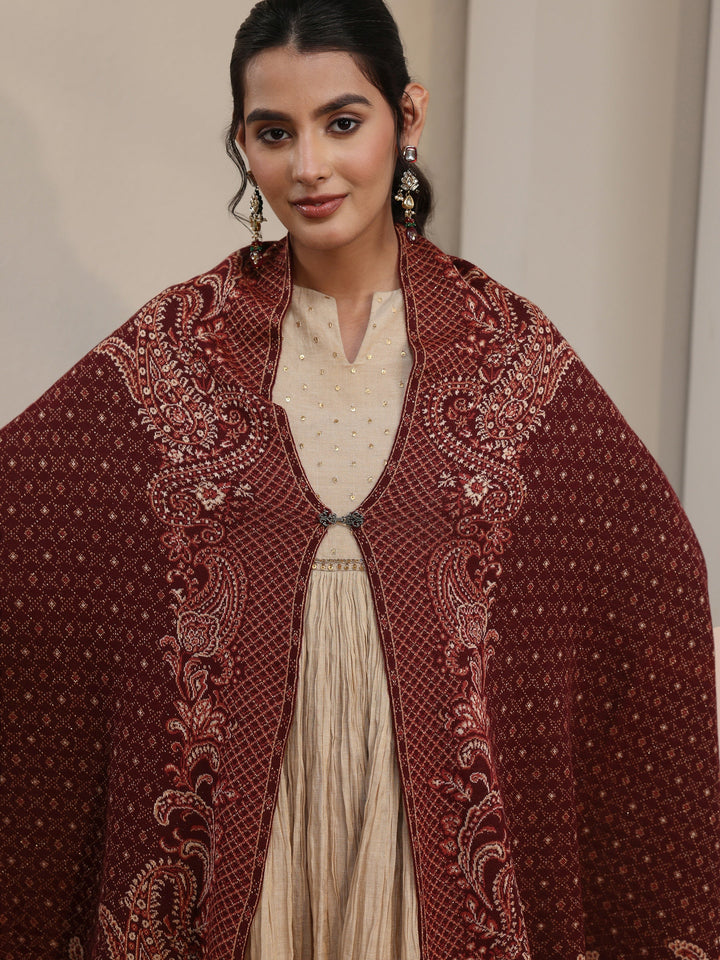 Libas Maroon Paisley Knitted Acrylic Wrap Shawl