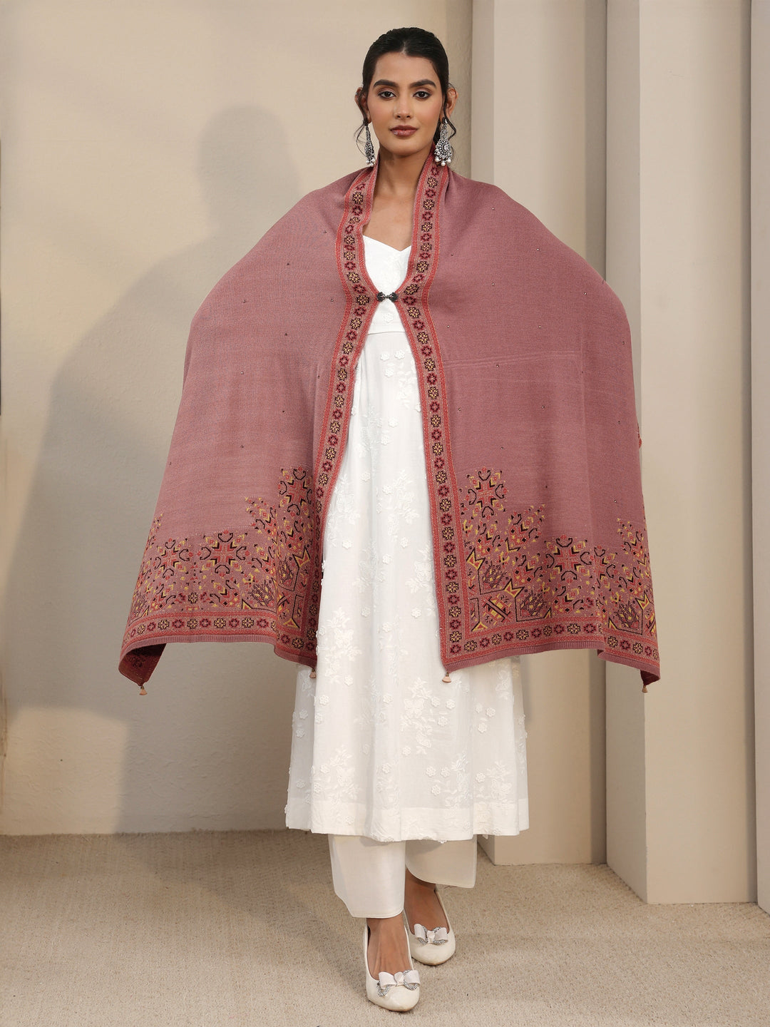 Libas Mauve Geometric Knitted Acrylic Wrap Shawl