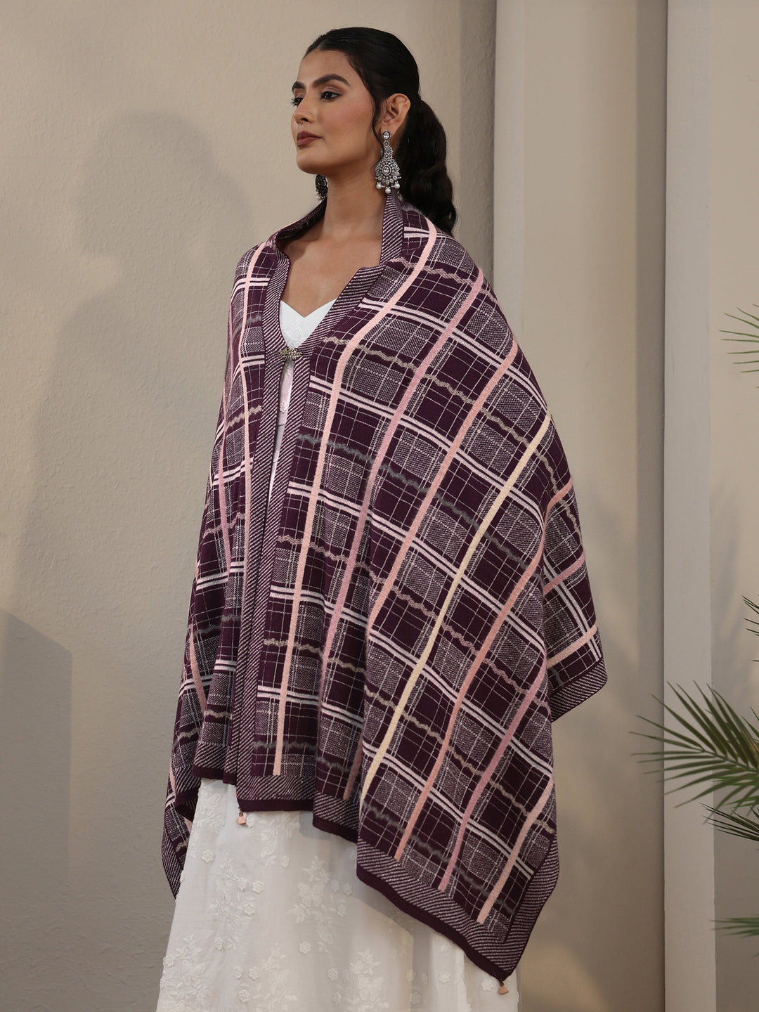 Libas Burgundy Geometric Knitted Acrylic Wrap Shawl