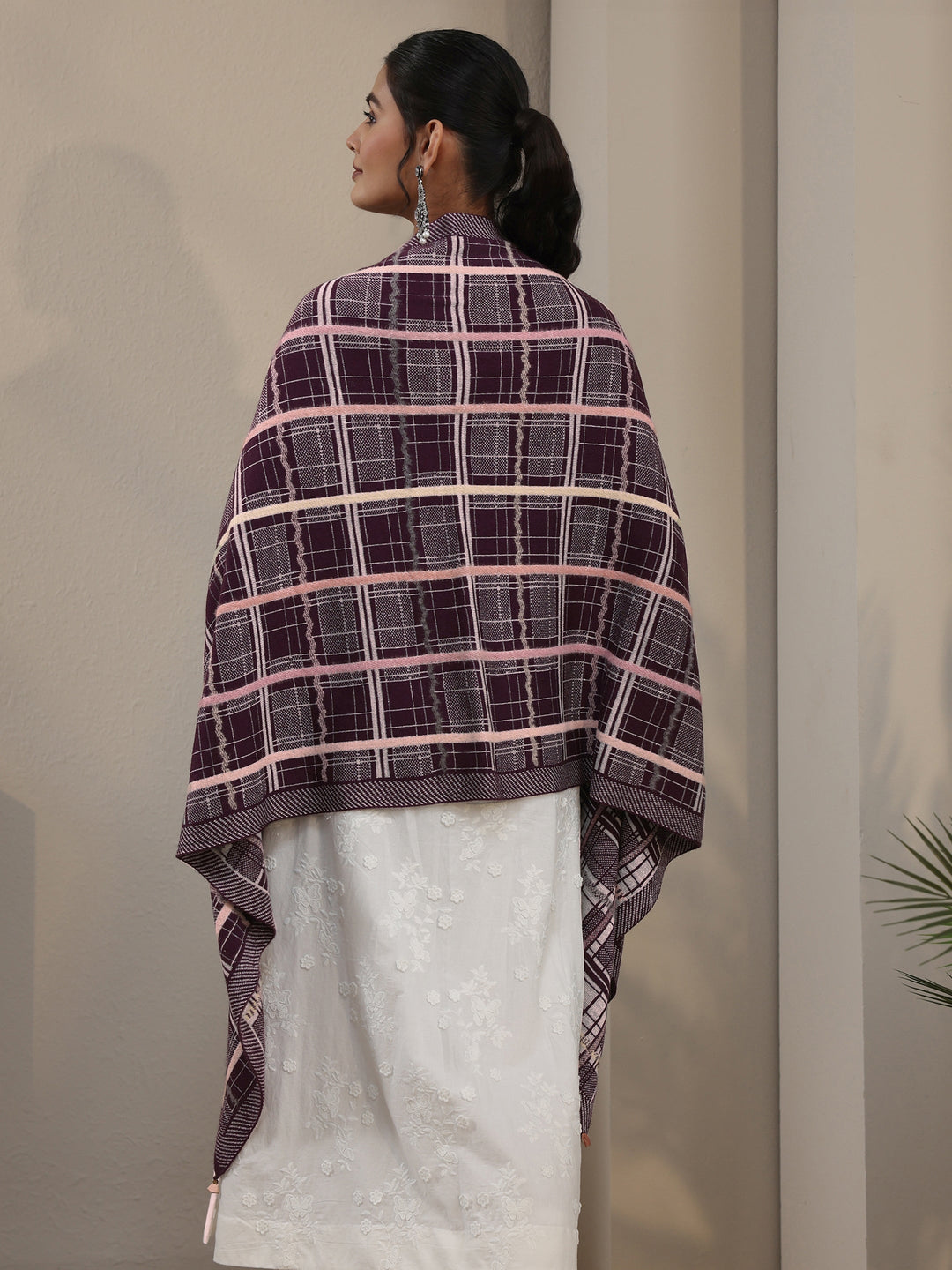 Libas Burgundy Geometric Knitted Acrylic Wrap Shawl