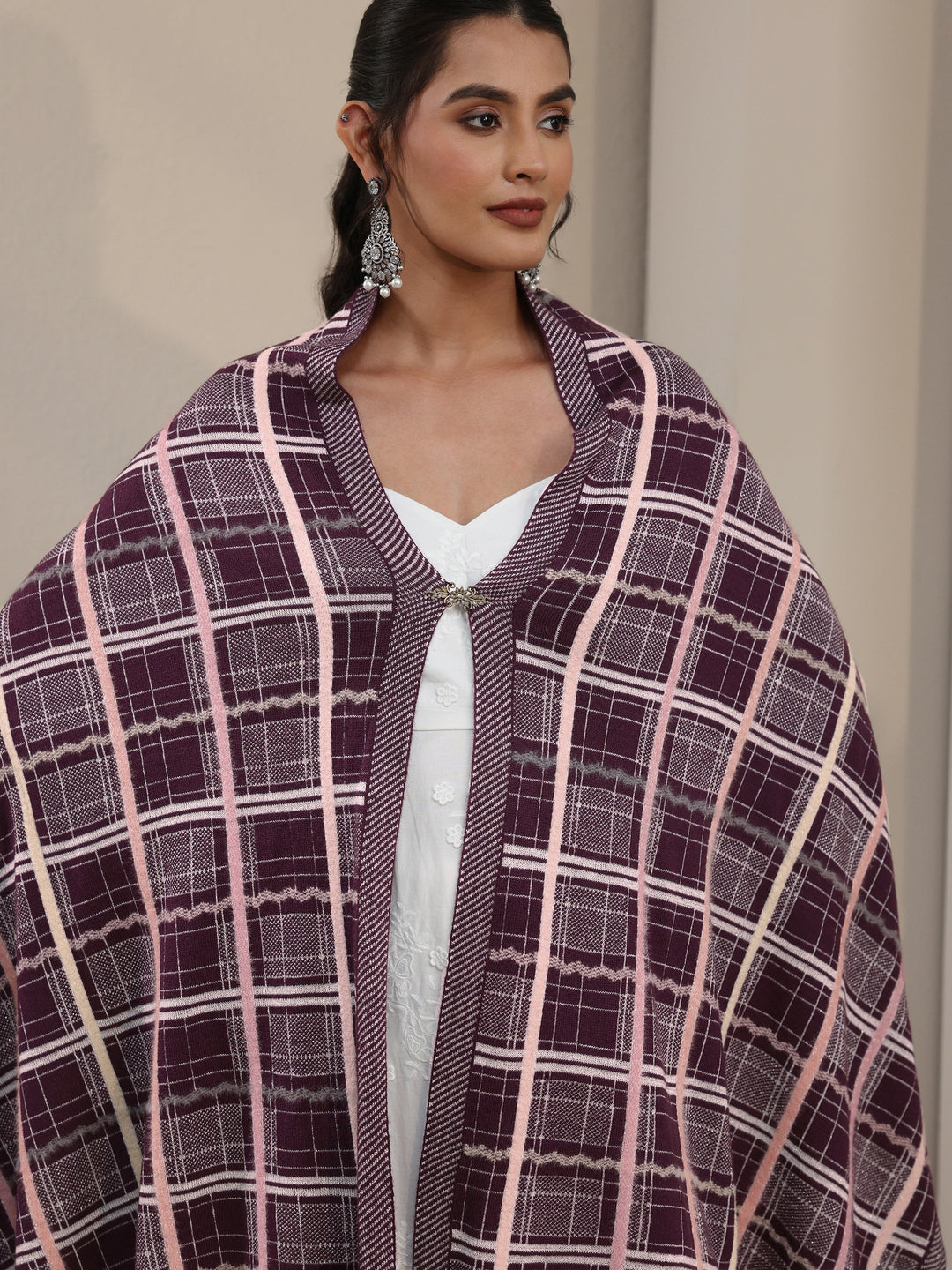 Libas Burgundy Geometric Knitted Acrylic Wrap Shawl