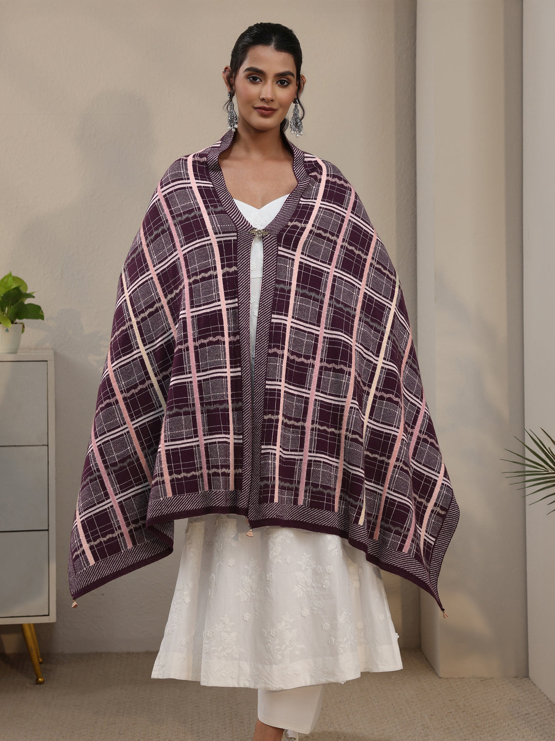 Libas Burgundy Geometric Knitted Acrylic Wrap Shawl