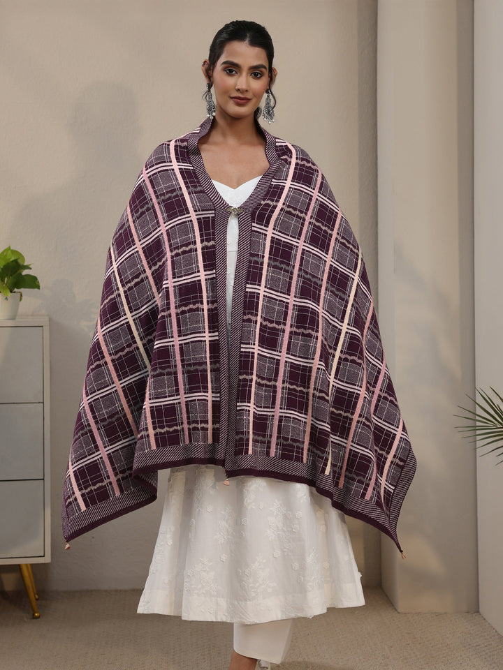 Libas Burgundy Geometric Knitted Acrylic Wrap Shawl