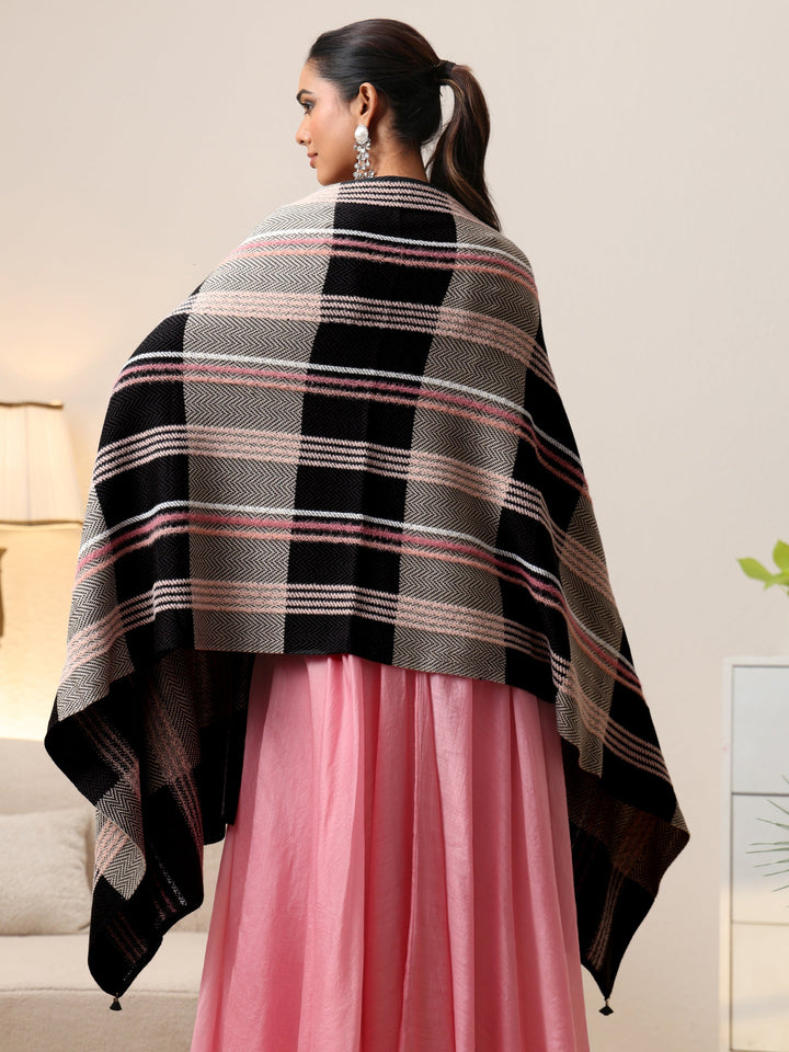 Libas Black Striped Knitted Acrylic Wrap Shawl