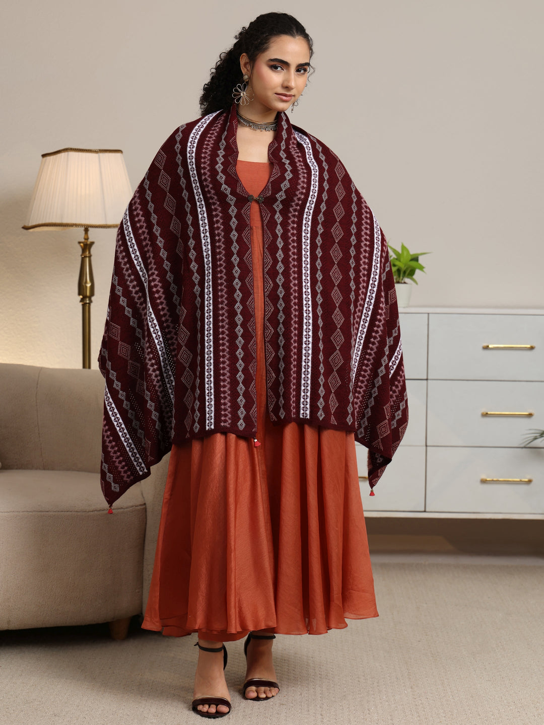 Libas Maroon Ethnic Knitted Acrylic Wrap Shawl