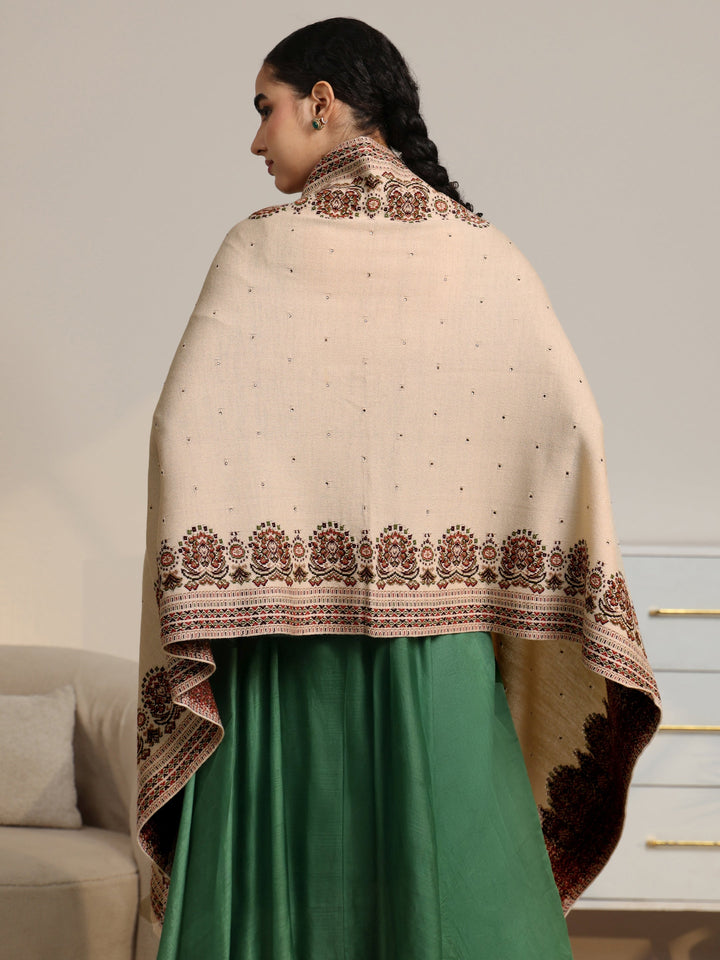 Libas Beige Ethnic Knitted Acrylic Wrap Shawl