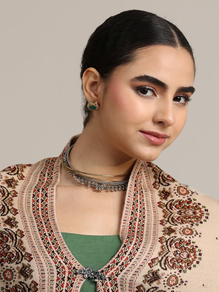 Libas Beige Ethnic Knitted Acrylic Wrap Shawl