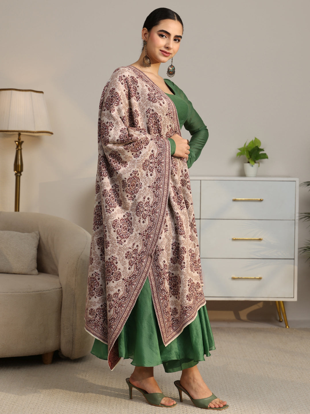 Libas Beige Ethnic Knitted Acrylic Shawl