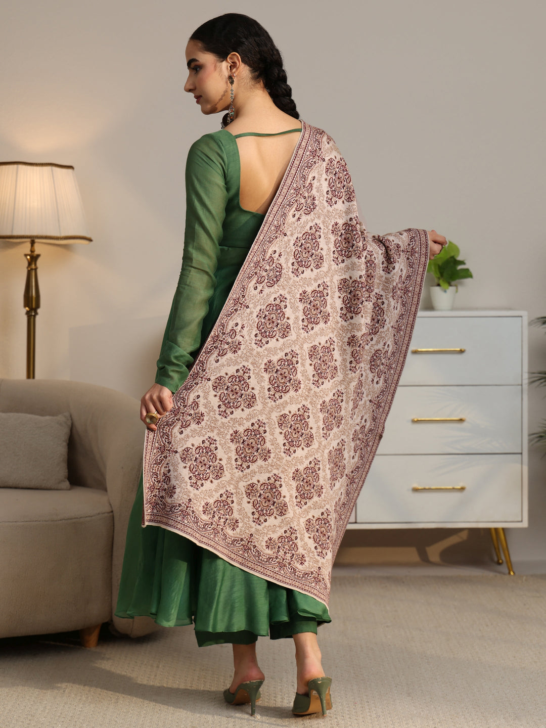 Libas Beige Ethnic Knitted Acrylic Shawl