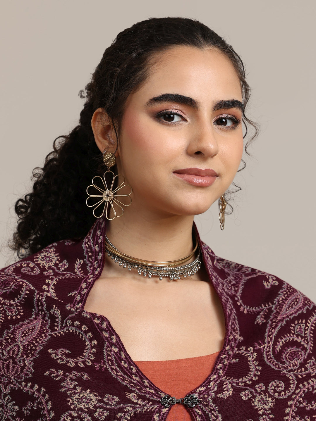 Libas Maroon Paisley Knitted Acrylic Wrap Shawl