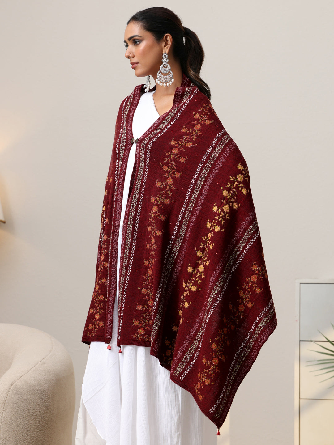 Libas Maroon Floral Knitted Acrylic Wrap Shawl