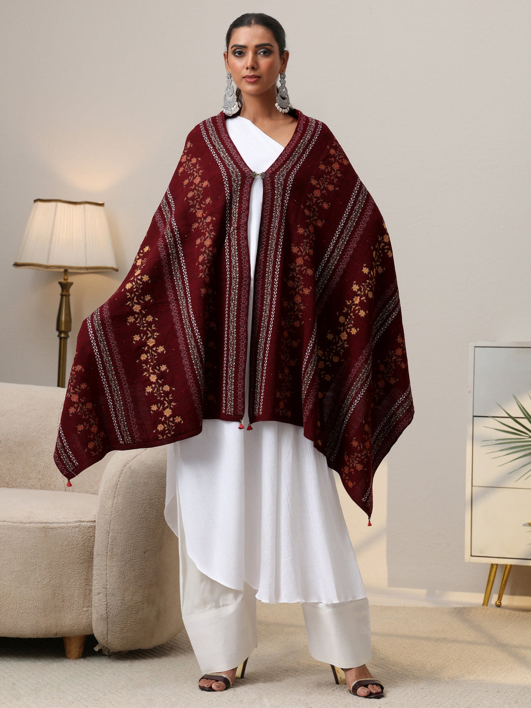Libas Maroon Floral Knitted Acrylic Wrap Shawl