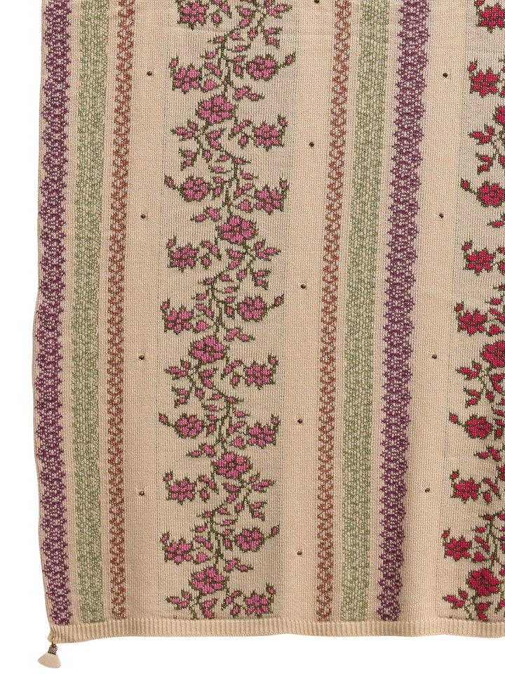 Libas Beige Floral Knitted Acrylic Wrap Shawl