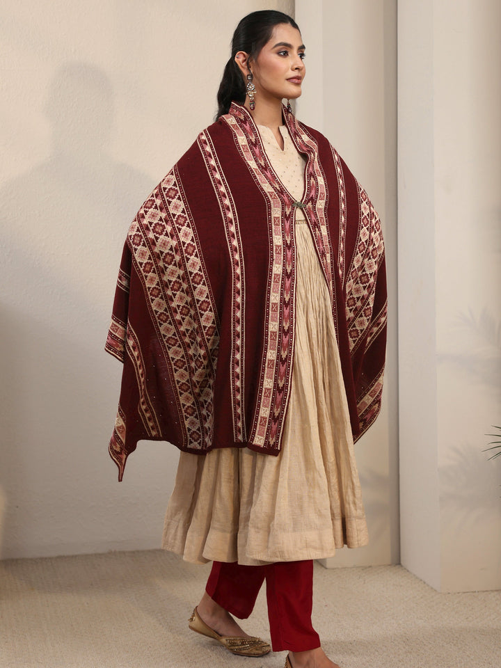 Libas Maroon Geometric Knitted Acrylic Wrap Shawl
