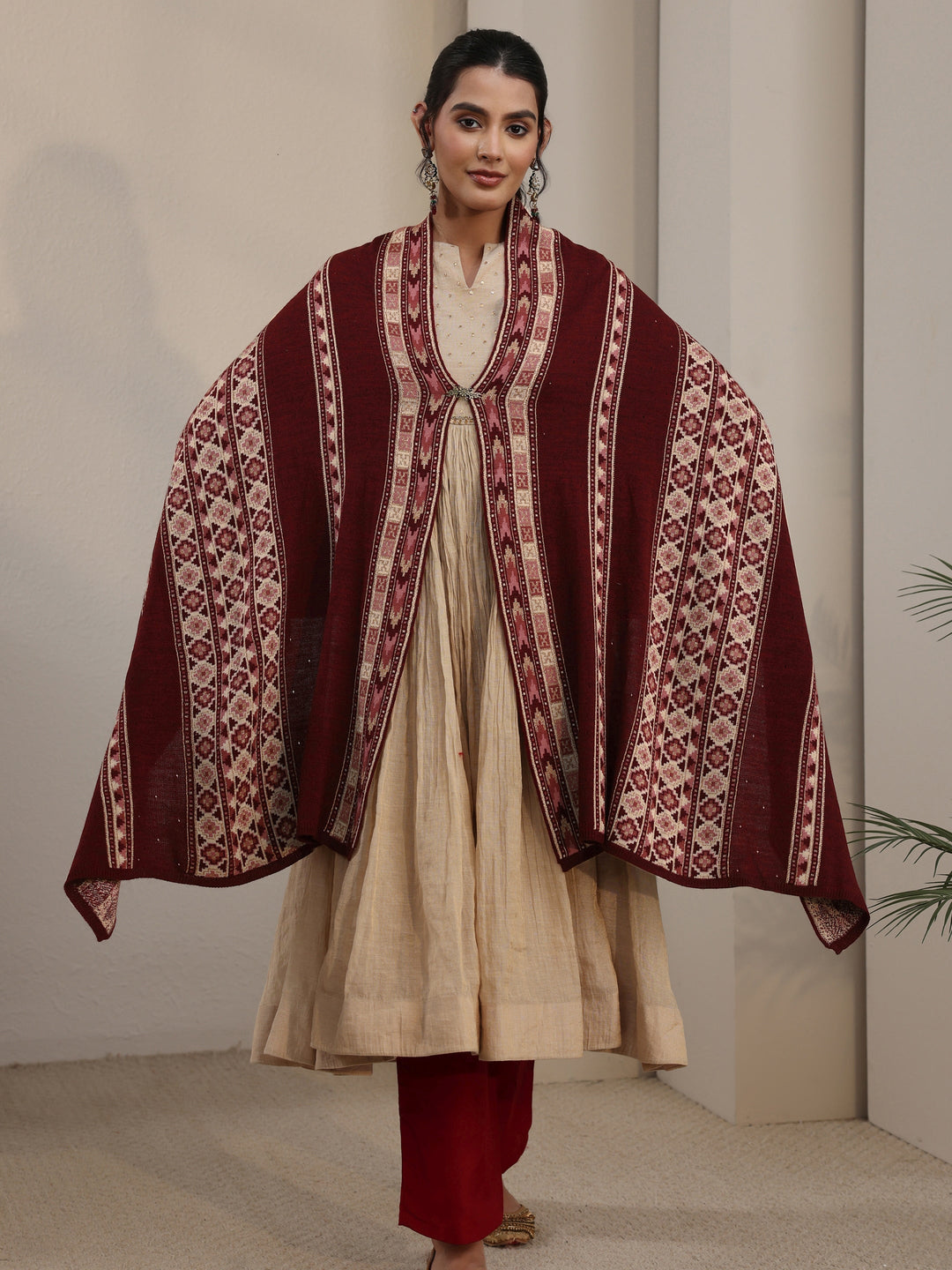 Libas Maroon Geometric Knitted Acrylic Wrap Shawl