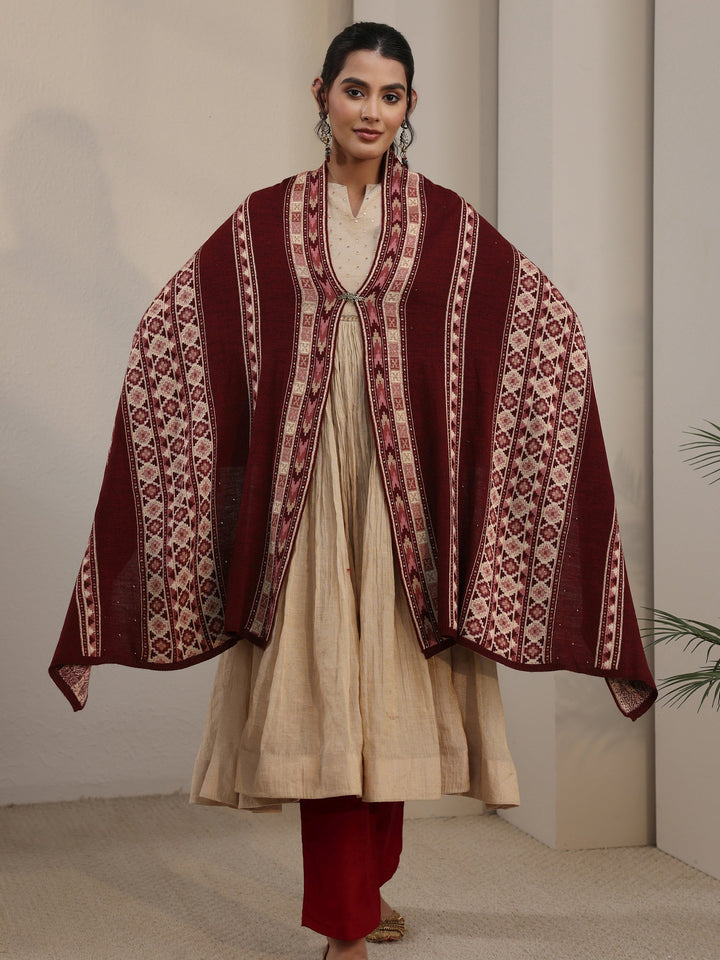 Libas Maroon Geometric Knitted Acrylic Wrap Shawl