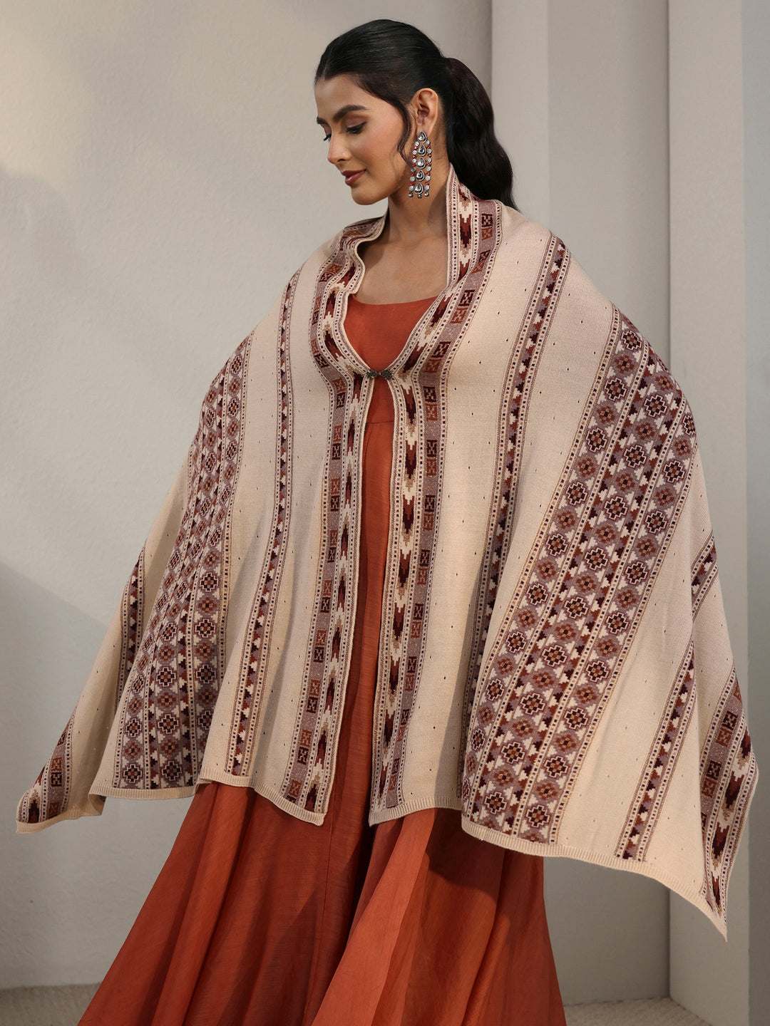 Libas Beige Geometric Knitted Acrylic Wrap Shawl