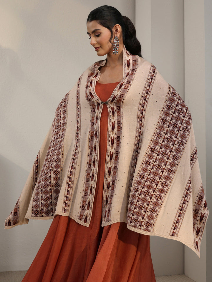 Libas Beige Geometric Knitted Acrylic Wrap Shawl