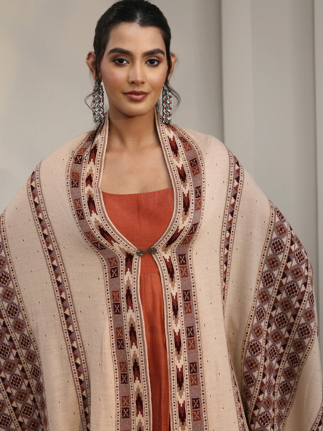 Libas Beige Geometric Knitted Acrylic Wrap Shawl