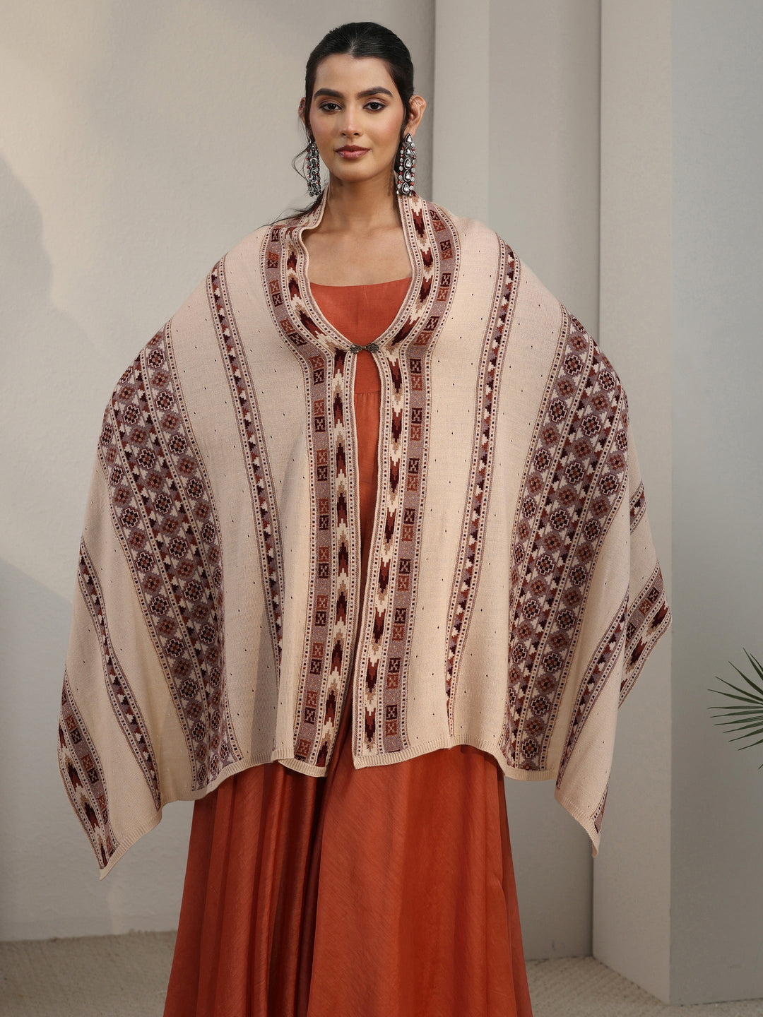 Libas Beige Geometric Knitted Acrylic Wrap Shawl