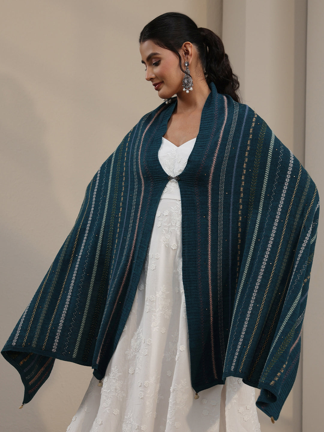 Libas Teal Blue Ethnic Striped Knitted Acrylic Wrap Shawl