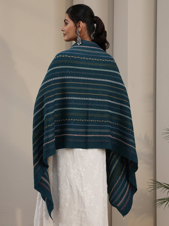 Libas Teal Blue Ethnic Striped Knitted Acrylic Wrap Shawl
