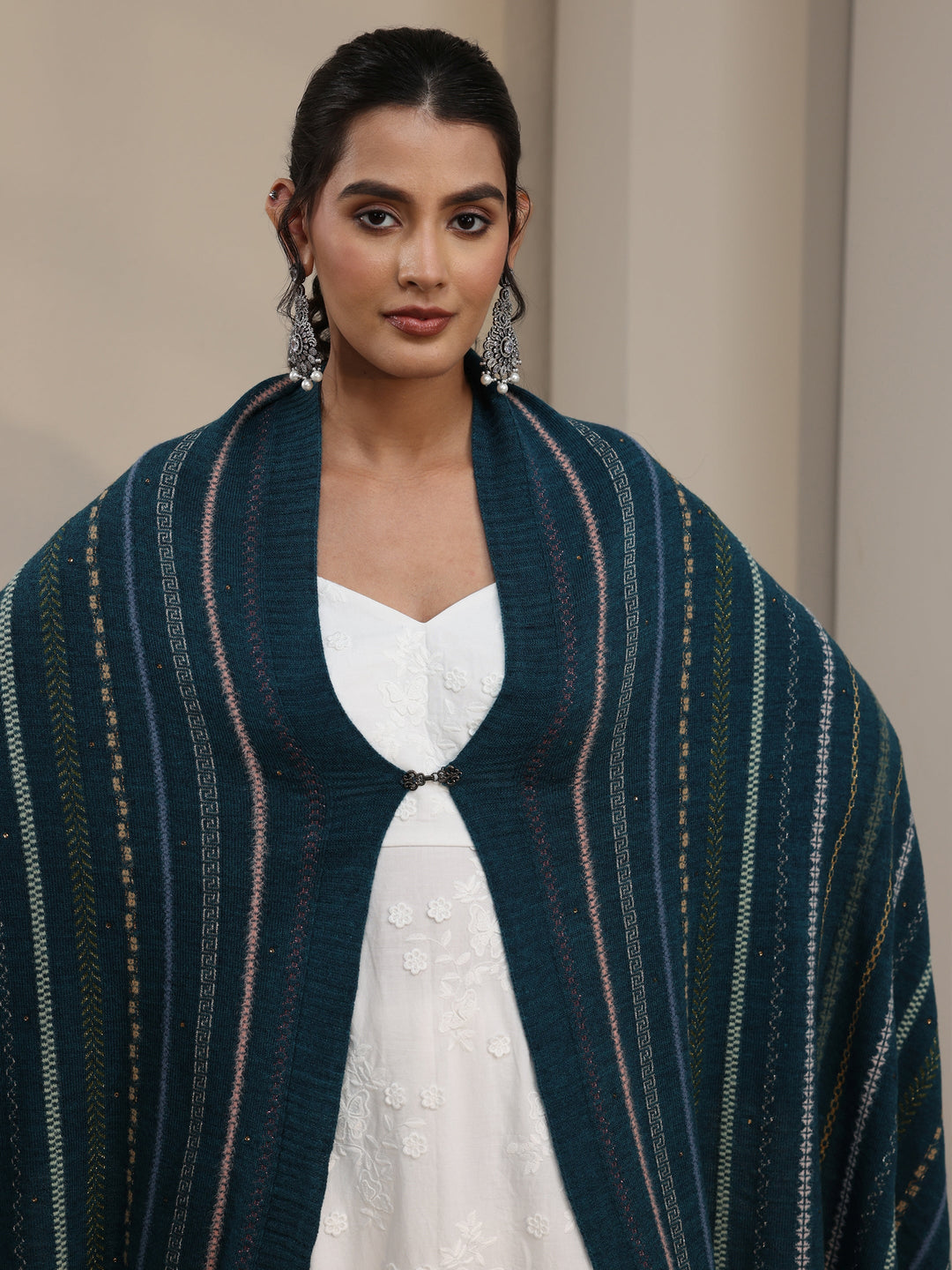 Libas Teal Blue Ethnic Striped Knitted Acrylic Wrap Shawl