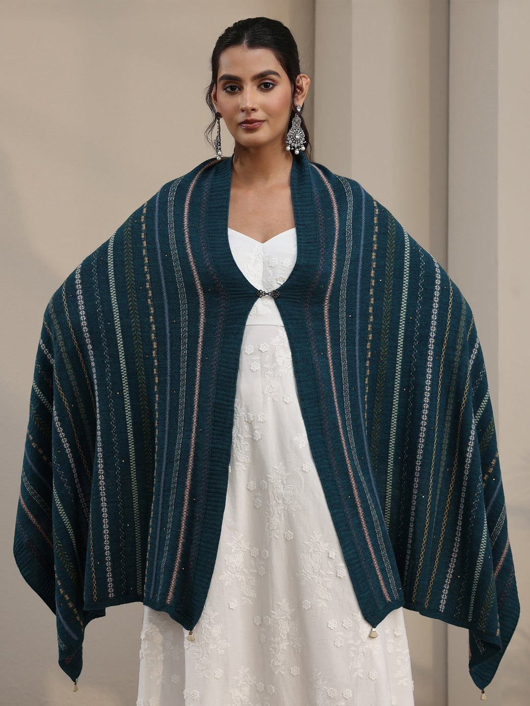 Libas Teal Blue Ethnic Striped Knitted Acrylic Wrap Shawl
