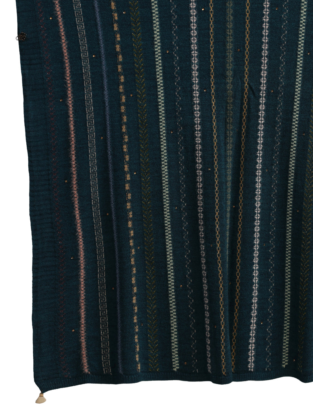 Libas Teal Blue Ethnic Striped Knitted Acrylic Wrap Shawl