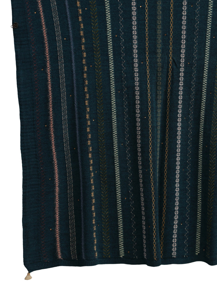 Libas Teal Blue Ethnic Striped Knitted Acrylic Wrap Shawl