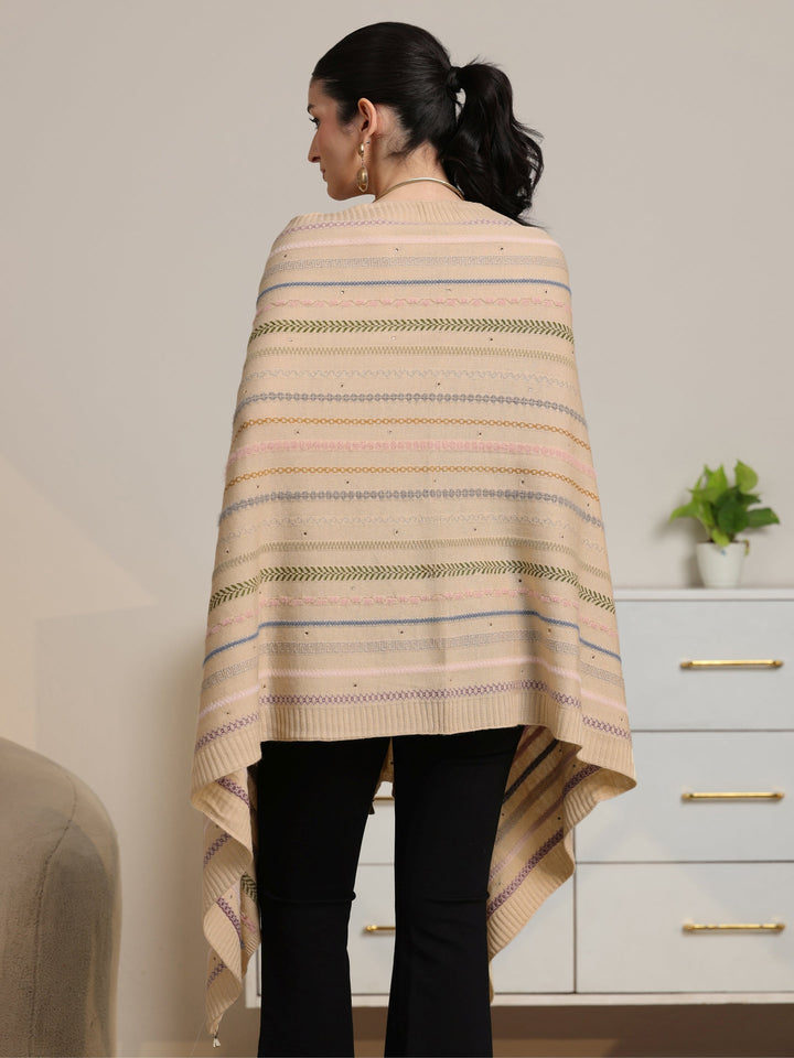 Libas Beige Ethnic Striped Knitted Acrylic Wrap Shawl