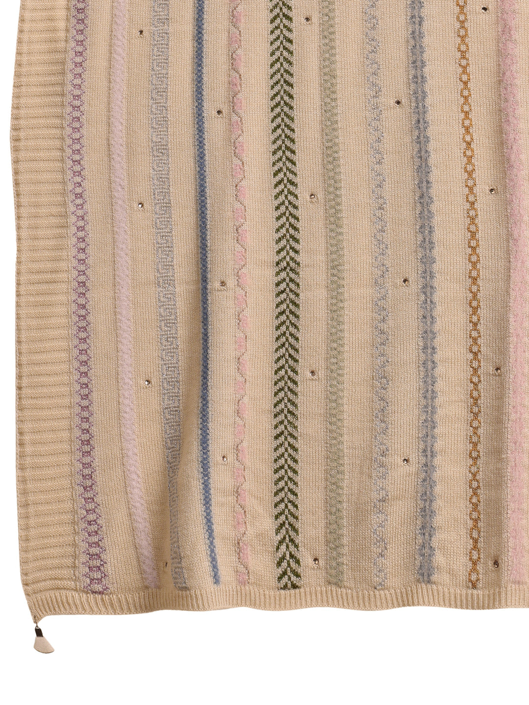 Libas Beige Ethnic Striped Knitted Acrylic Wrap Shawl