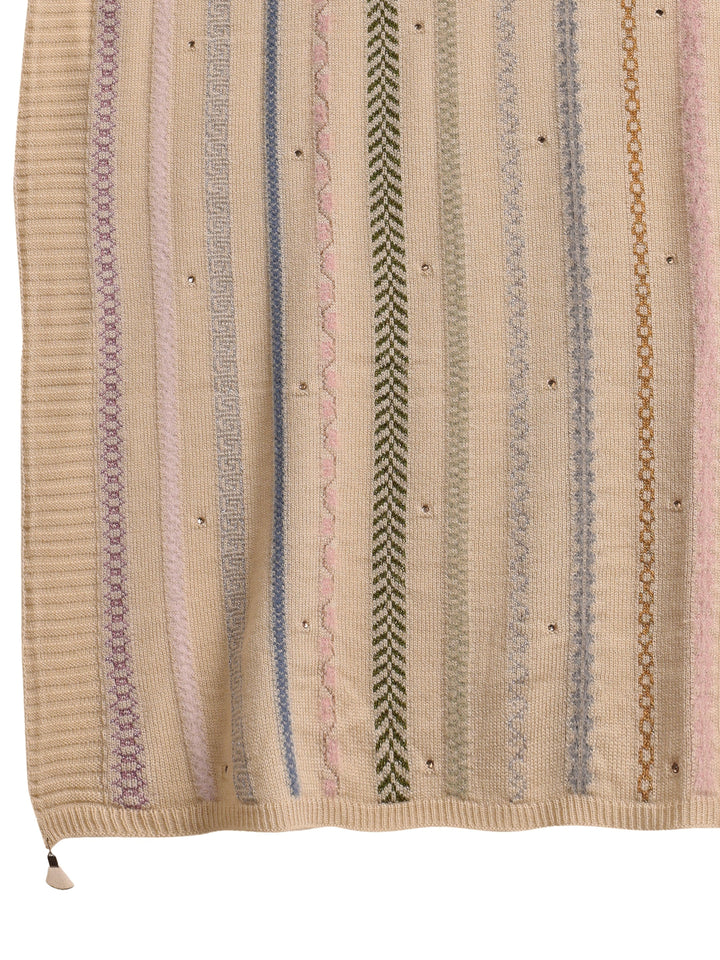 Libas Beige Ethnic Striped Knitted Acrylic Wrap Shawl