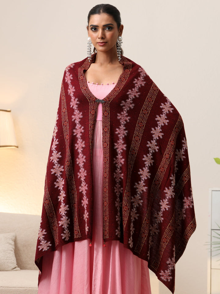 Libas Maroon Fair Isle Knitted Acrylic Wrap Shawl