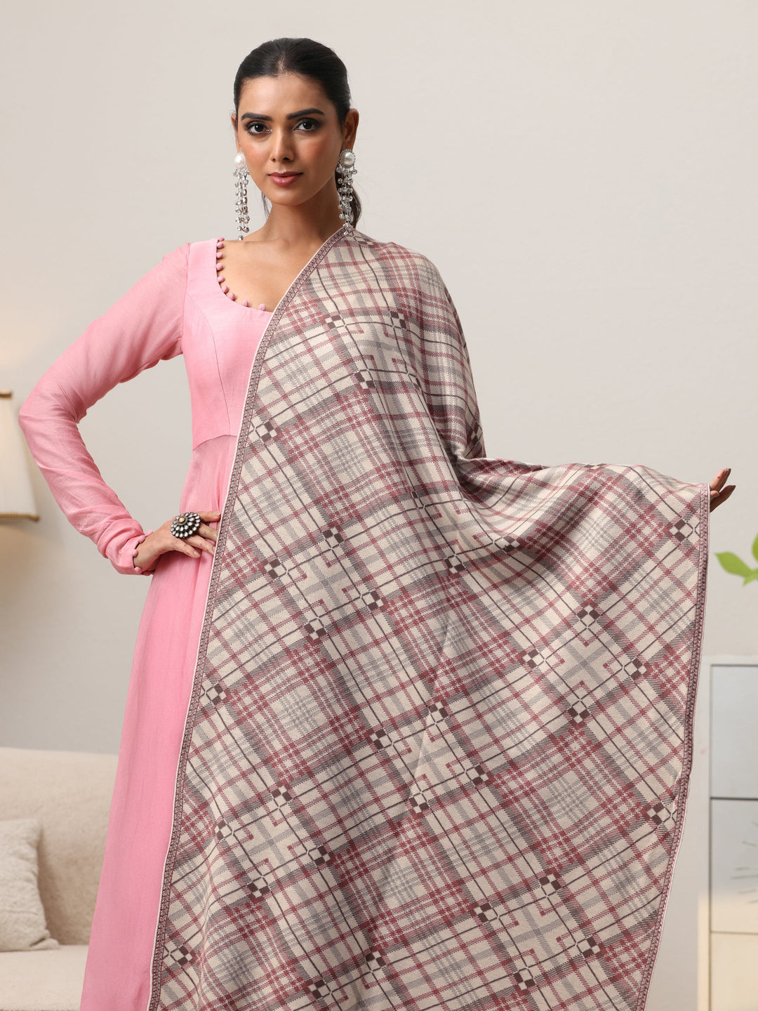 Libas Off White Checked Knitted Acrylic Shawl