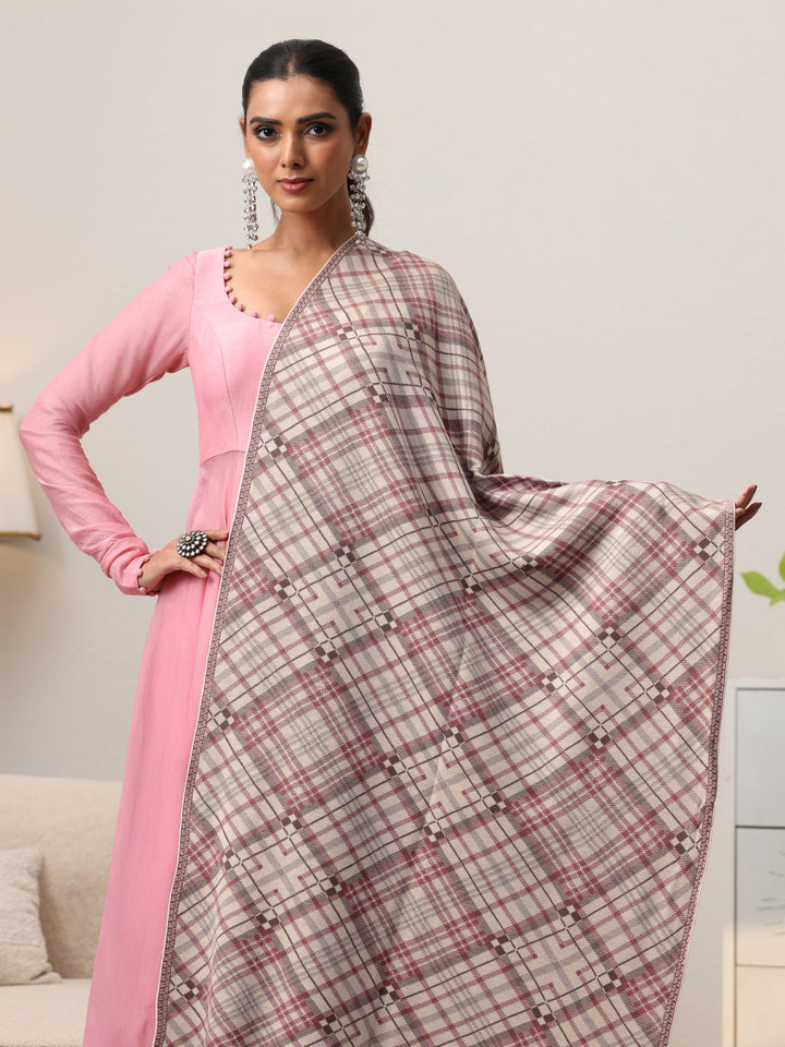 Libas Off White Checked Knitted Acrylic Shawl