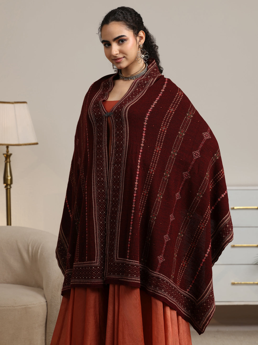 Libas Maroon Ethnic Knitted Acrylic Wrap Shawl