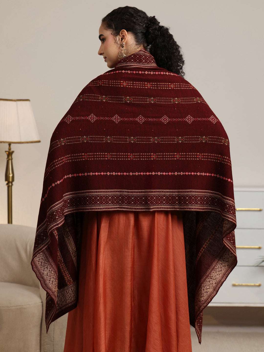 Libas Maroon Ethnic Knitted Acrylic Wrap Shawl