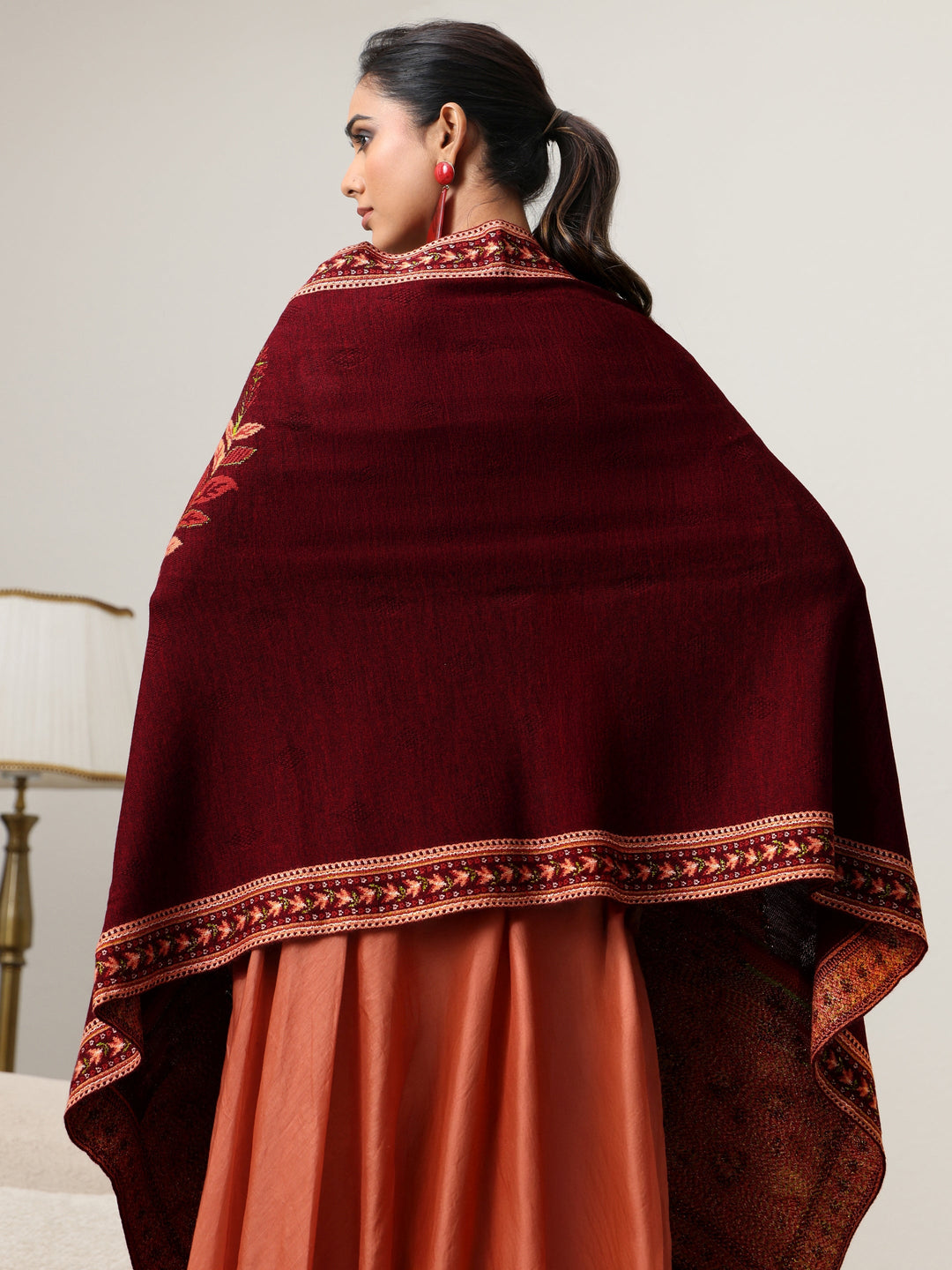 Libas Maroon Floral Knitted Acrylic Wrap Shawl