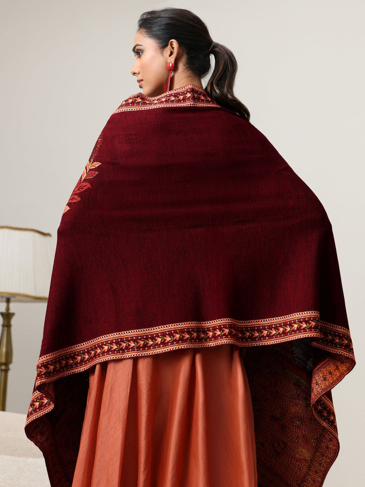 Libas Maroon Floral Knitted Acrylic Wrap Shawl