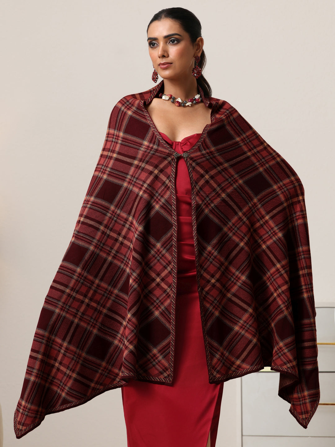 Libas Maroon Checked Knitted Acrylic Shawl
