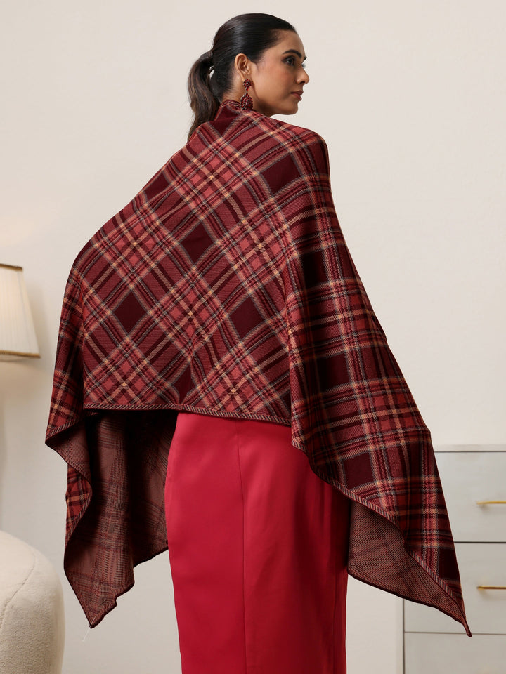 Libas Maroon Checked Knitted Acrylic Shawl