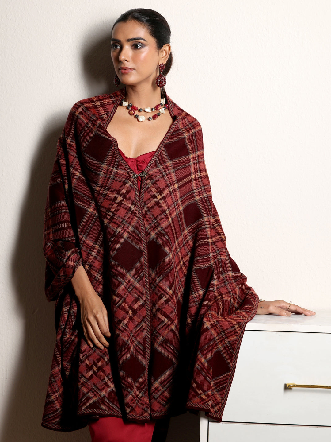 Libas Maroon Checked Knitted Acrylic Shawl