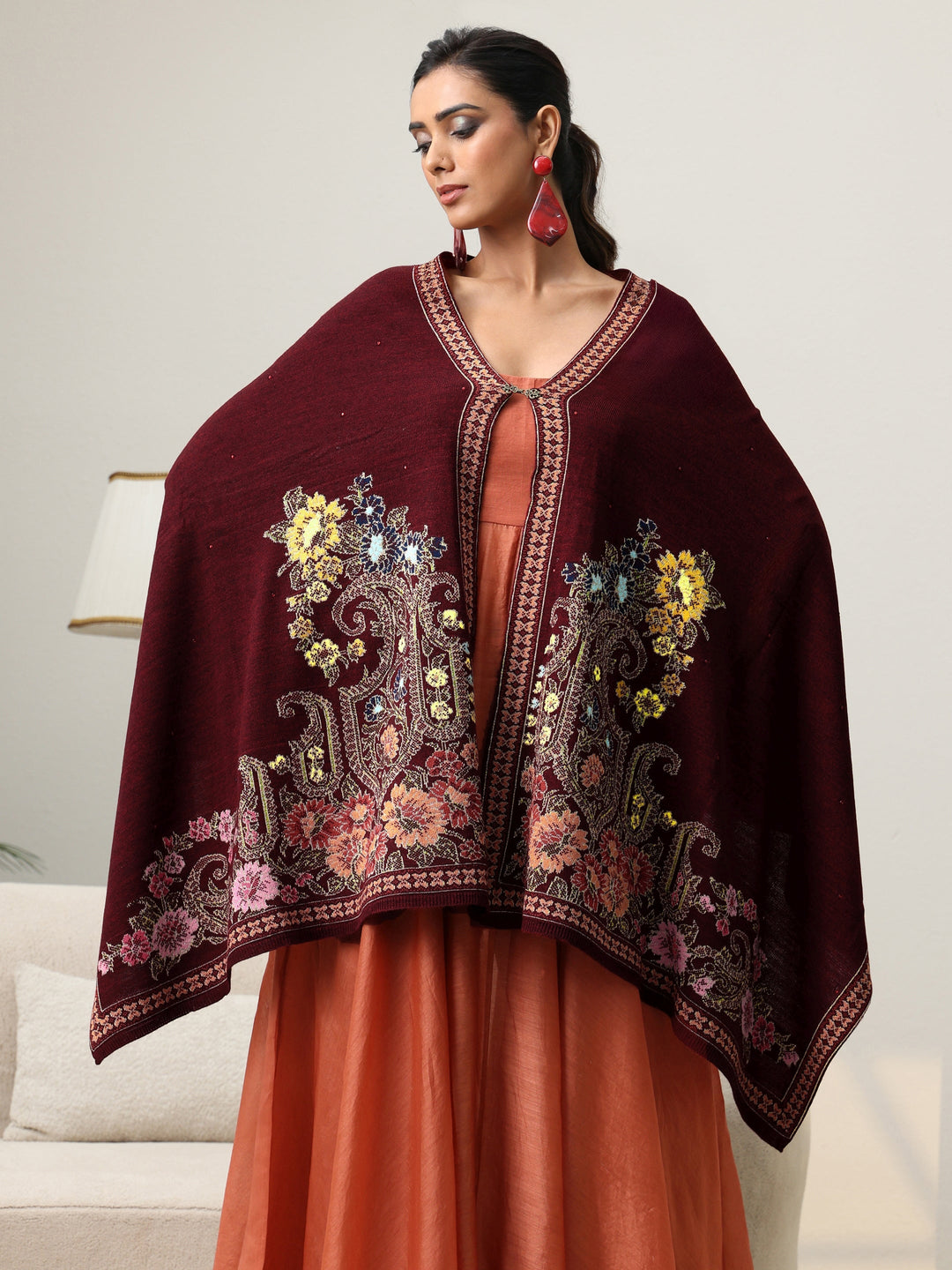 Libas Maroon Floral Knitted Acrylic Wrap Shawl