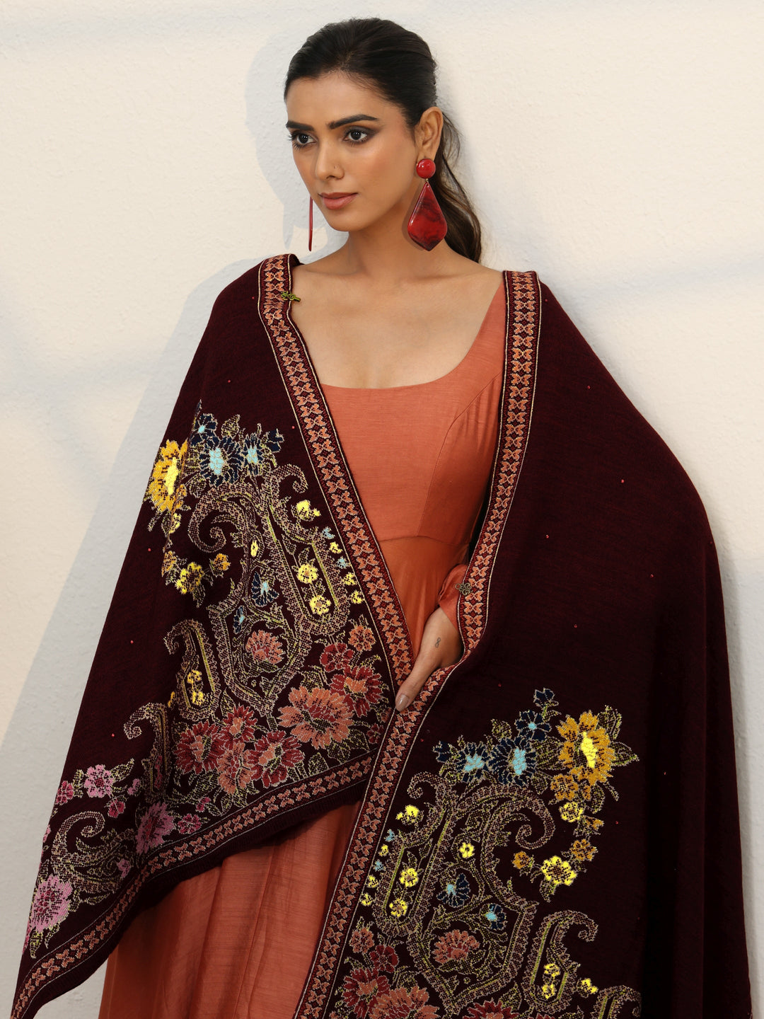 Libas Maroon Floral Knitted Acrylic Wrap Shawl